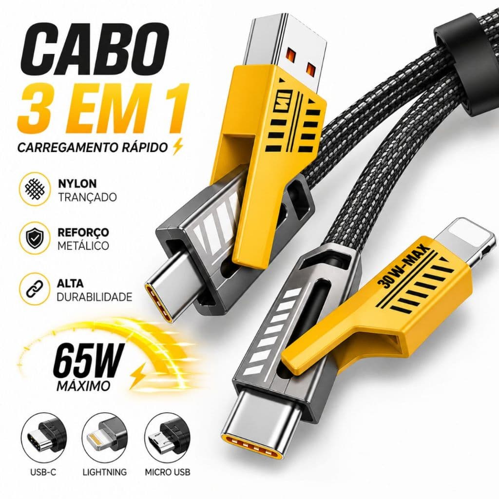 Cabo de Carregamento Rápido 4 em 1 Turbo  65W/PD 27W USB Tipo C Lightning Cabeça de Metal