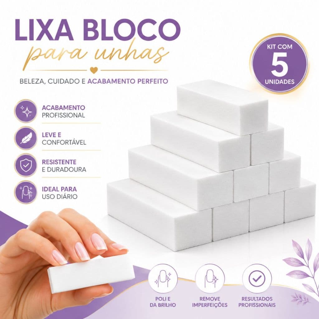 Kit com 5 Lixas Bloco Polidoras para Unhas – Acabamento Profissional, Alta Durabilidade e Polimento para Unhas Naturais
