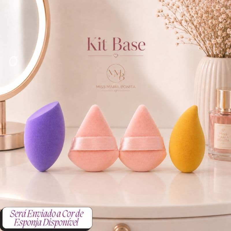 Kit Maquiagem 4 Esponjas Chanfrada/Gota, Manga e Puff Triangular Base