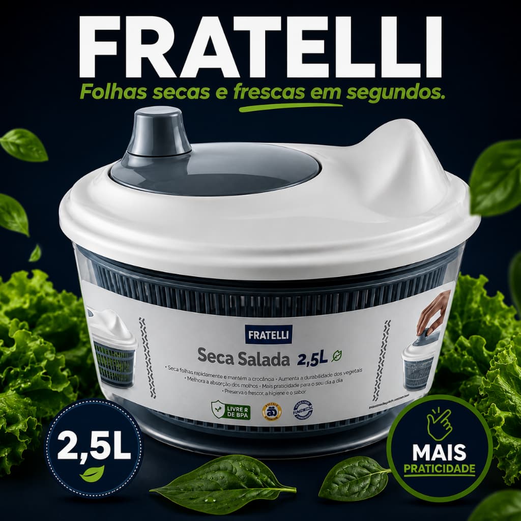 Seca Salada FRATELLI 2,5L Centrífuga de Folhas Escorredor de Verduras Manual Lava Seca e Serve