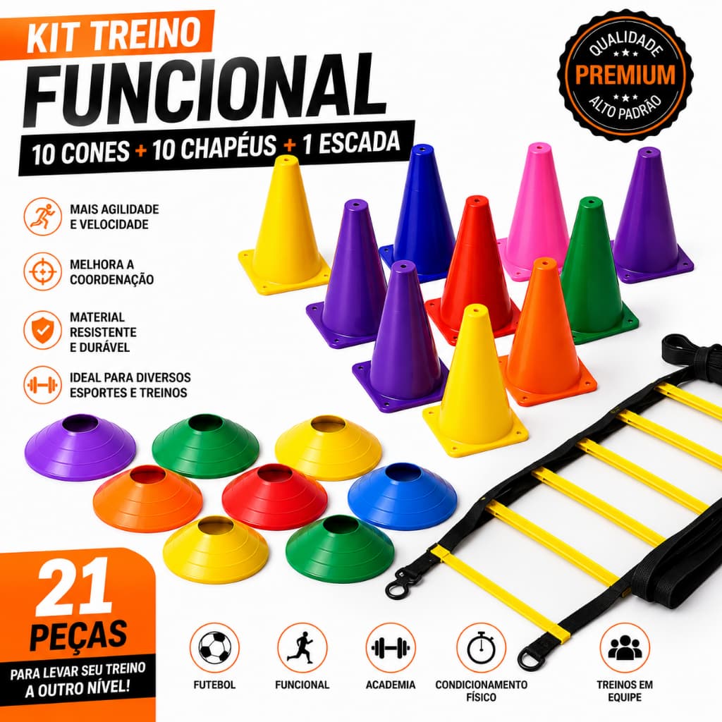 KIT DE TREINO ESPORTIVO | 10 CONES + 10 CHAPÉUS + ESCADA DE AGILIDADE