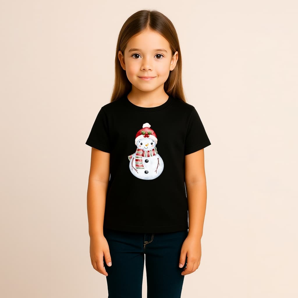 CAMISETA INFANTIL MENINA ALGODÃO KAWAII BONECO NEVE CACHECOL LISTRADO NATA