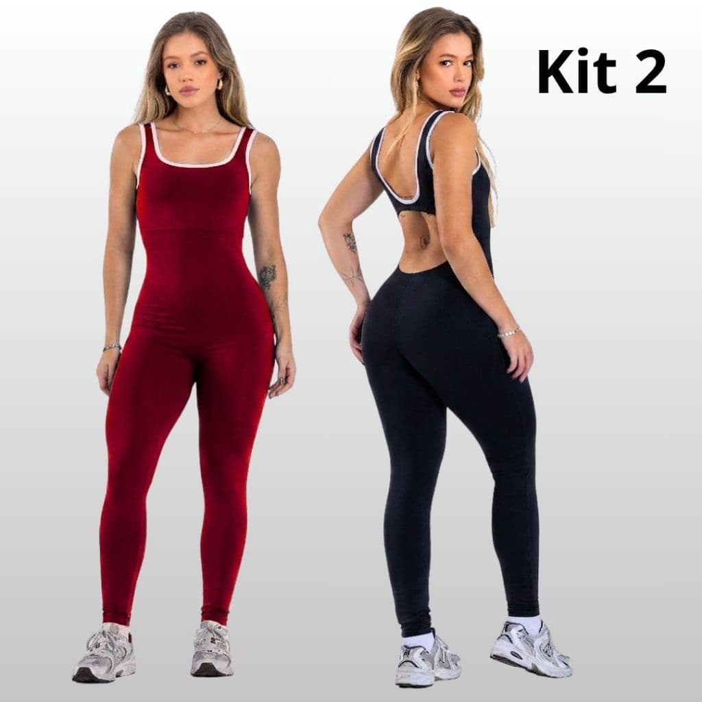 Kit 2 Macacão Fitness Feminino Academia Suplex Cintura Alta Modelador