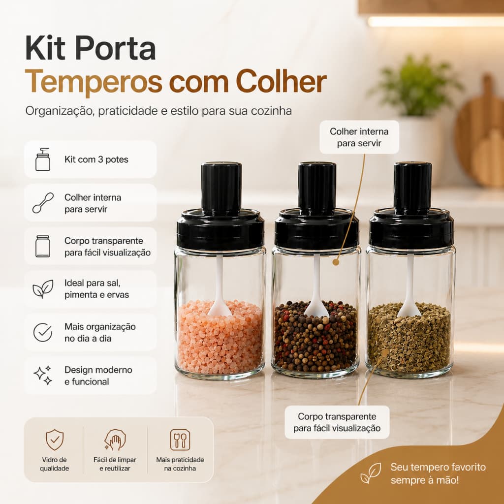 Kit 04 Porta Temperos Com Colher Porta Condimento 260ml Vidro Organizador Para Sal Açucar Pimenta e Temperos
