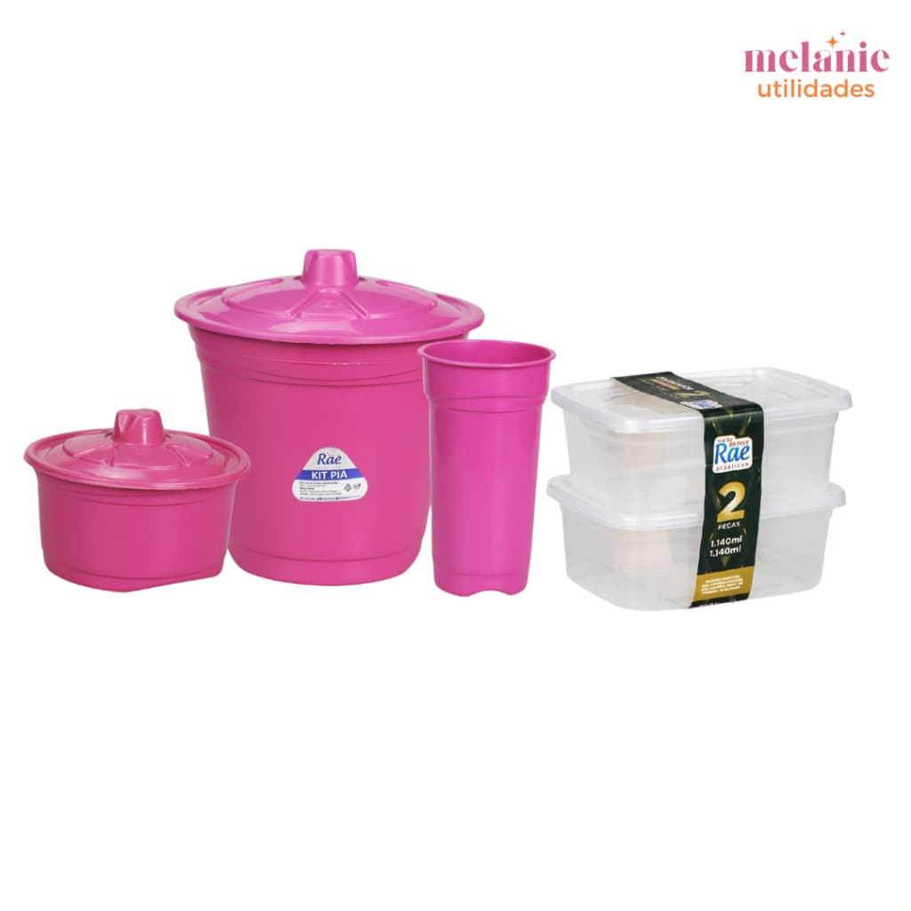 Kit Pia 3 Peças Lixeira Porta Detergente Porta Esponja Rosa e 2 Potes de 1.140 Litros de Plástico Premium Resistente