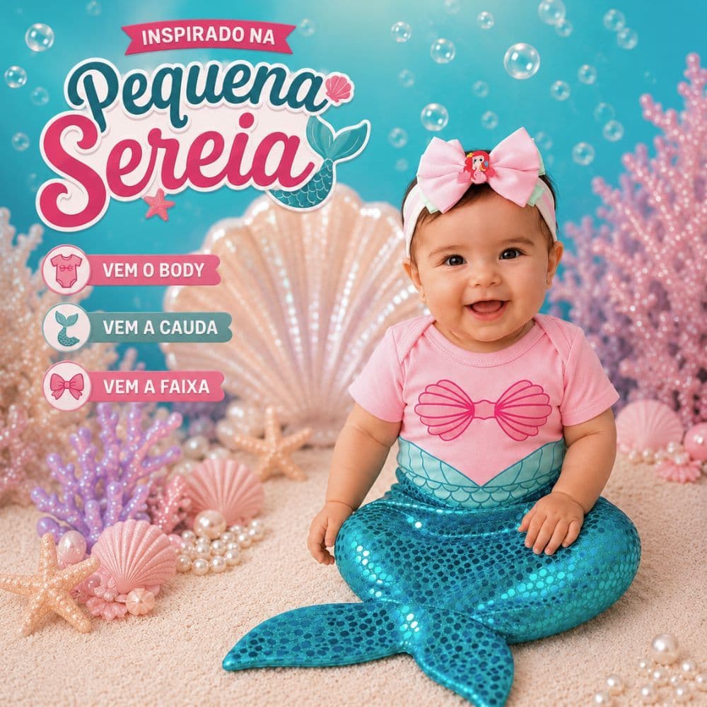 Body Pequena Sereia Com Cauda + Um Lindo Laço De Brinde Bebe Festa Mesversario Tematico