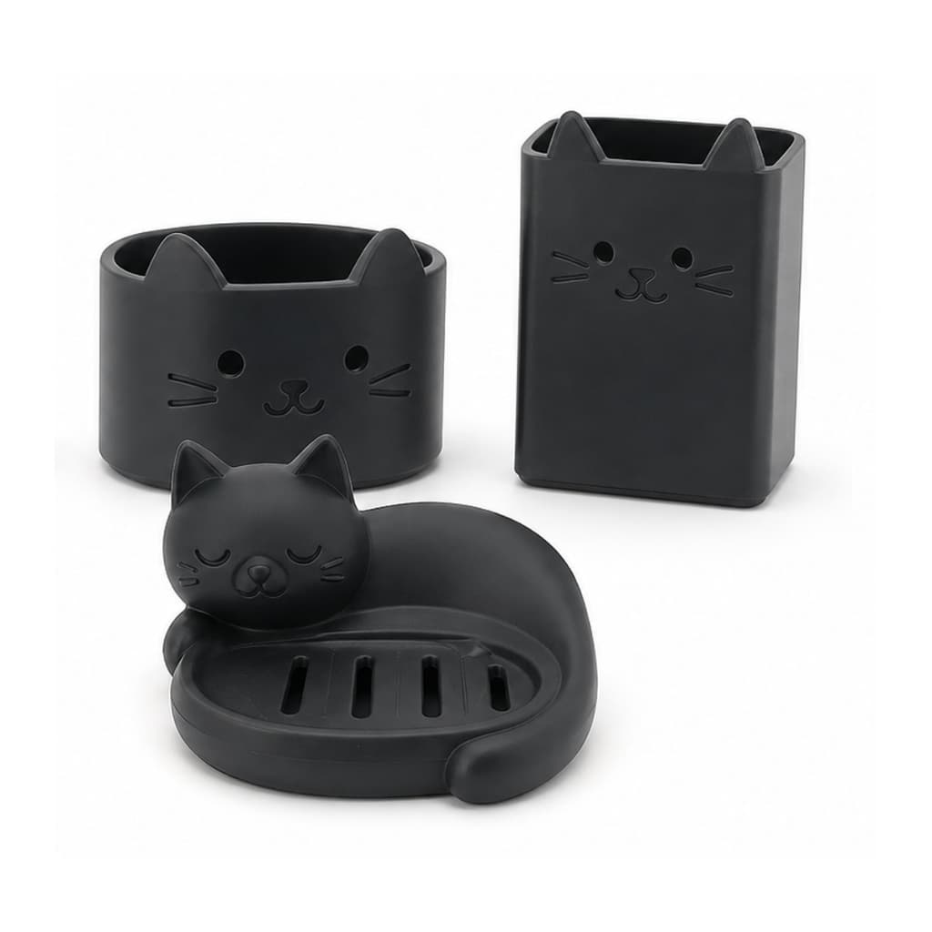 Kit Banheiro Gatinho Saboneteira Porta-Escovas Organizador