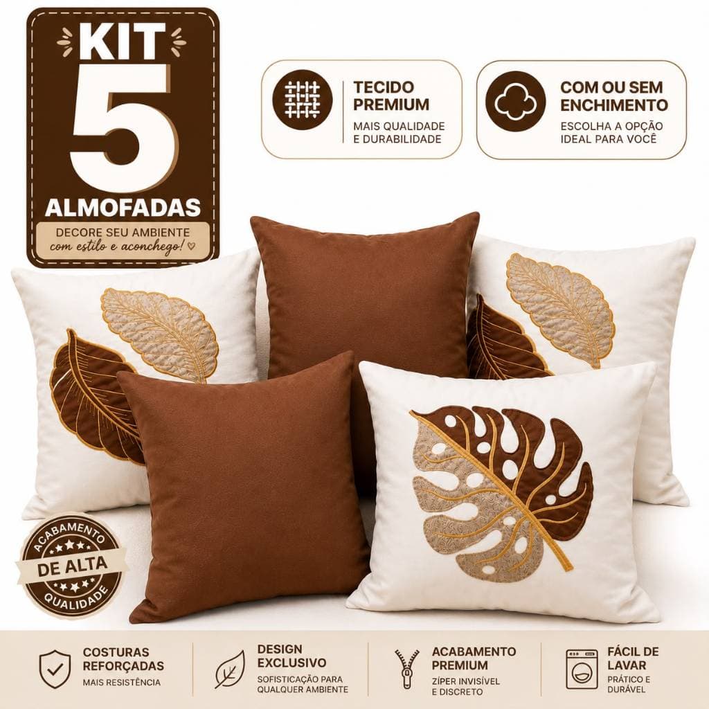 Kit 5 Almofadas Decorativas Linho e Couro Costela de Adão Boho Luxo