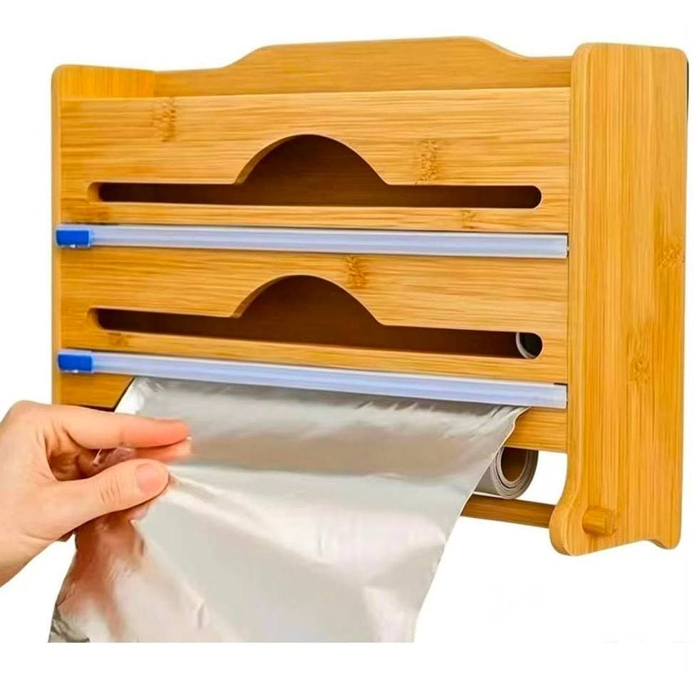 Porta Rolo Duplo Organizador Bambu Papel Alumínio Filme PVC Cortador Dispenser Cozinha Suporte casita