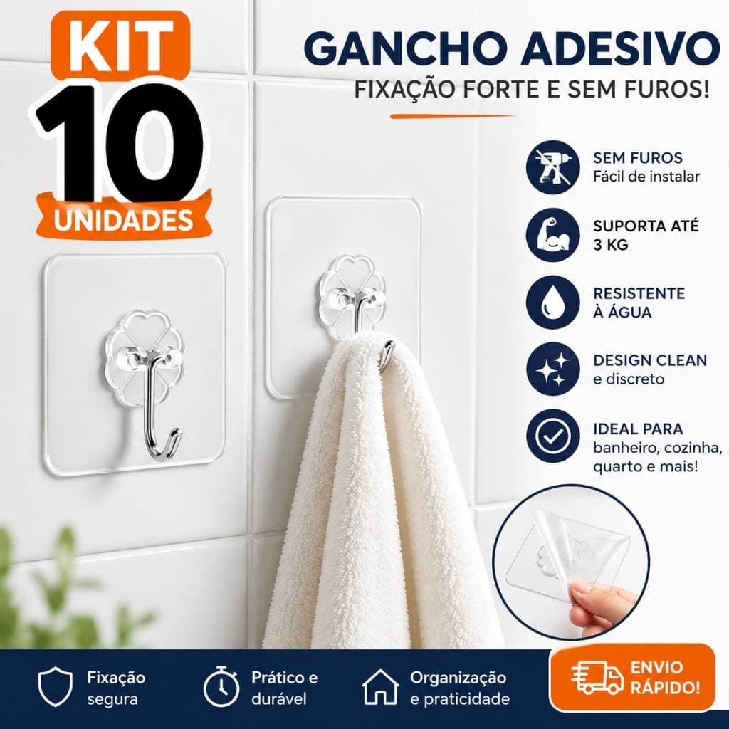 Kit 10 Ganchos Adesivos Transparente Multiuso Sem Furo Suporte Parede Banheiro Cozinha Toalha Chaves