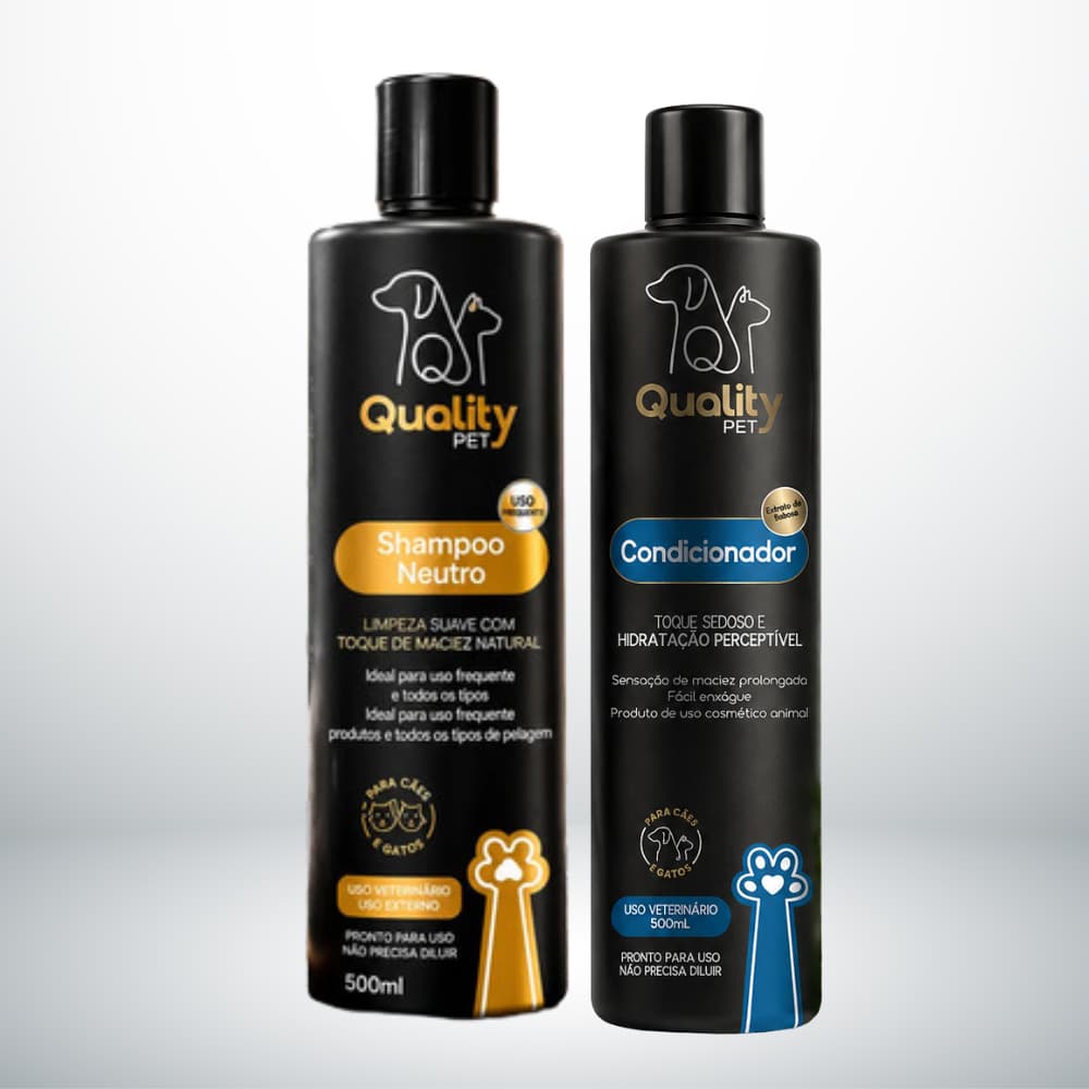 Kit Banho Pet Shampoo Neutro e Condicionador 500ml Cães Gatos Pronto Uso Quality Pet