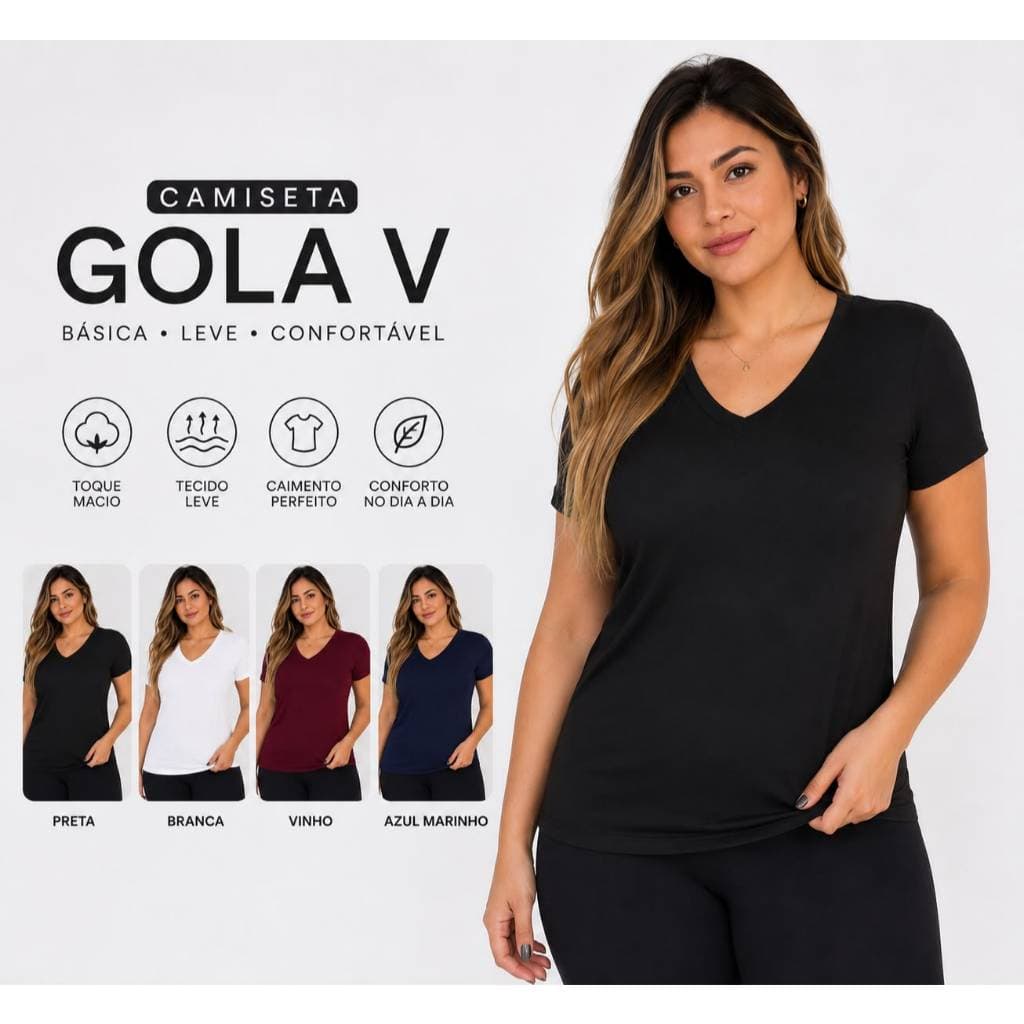 Camiseta Feminina Manga Curta Gola V Casual Varias Cores