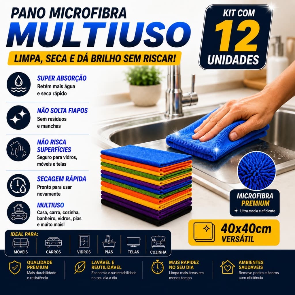Kit C/ 12 - Pano De Microfibra 40 X 40cm - Neves - Pia - Multiuso - Limpeza Geral - Multicores