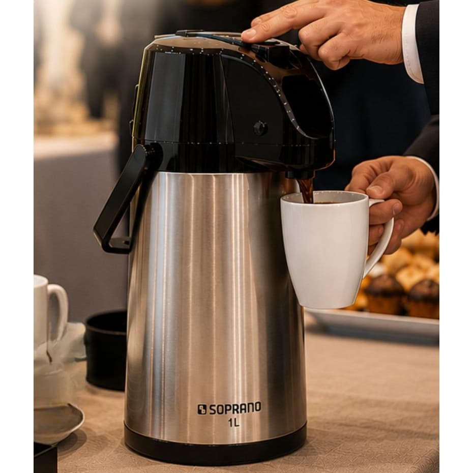 Garrafa Térmica 1 Litro Inox Bomba de Pressão Café Chá Água 12 Horas Gelado Base Giratória 360°