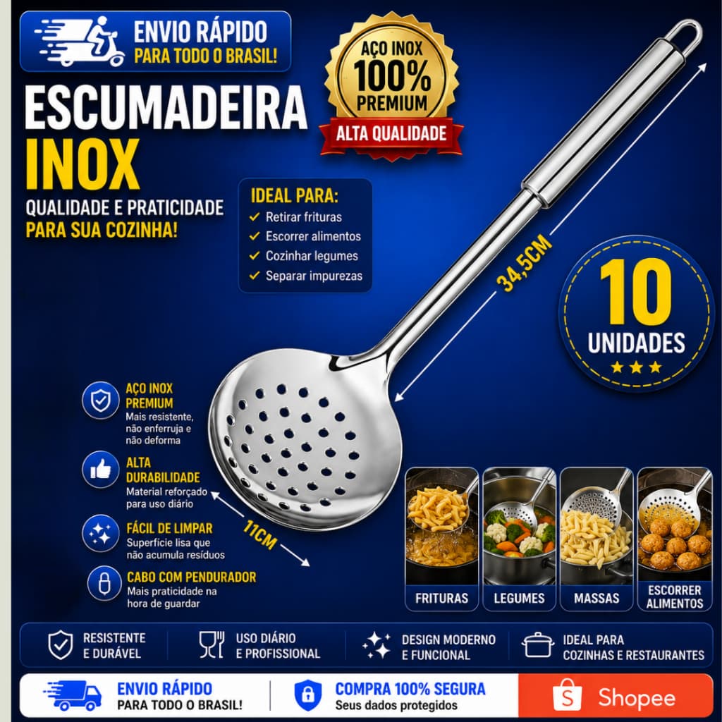Escumadeira De Inox Para Frituras Alimentos Arroz Massas Cozinha 33cm Sq 3721