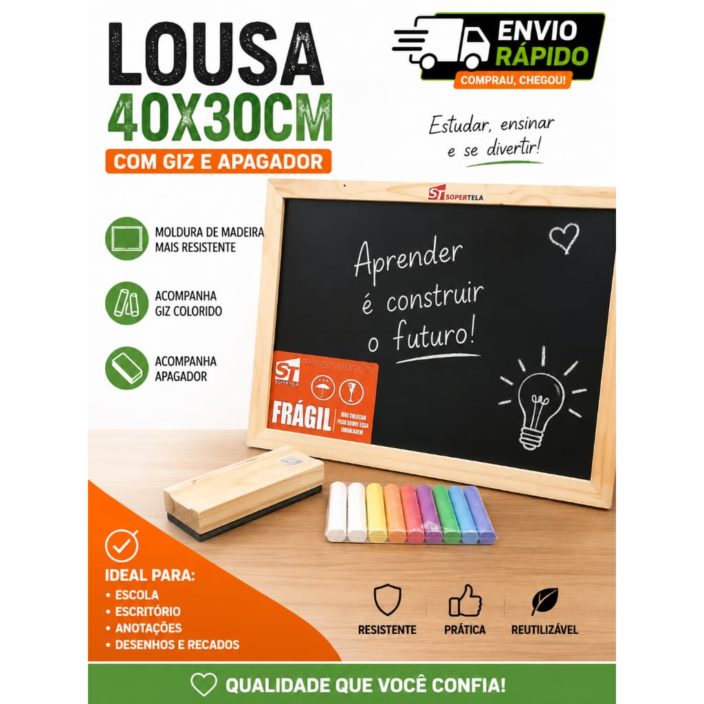 Lousa Quadro Negro 40x30cm com Giz Colorido + Apagador | Moldura de Madeira Resistente | Escolar, Escritório e Casa