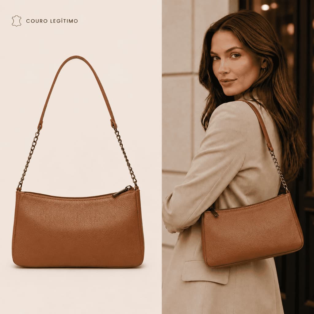 Bolsa Feminina de Couro Original Estilo Baguete com Fechamento em Zíper