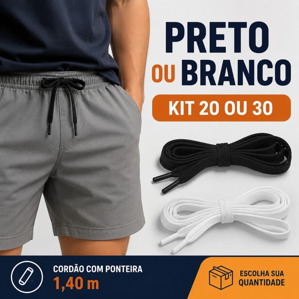 Kit 20 ou 30 Unidades Cordão Achatado De Poliéster Reforçado com Ponteira 1,40m Preto ou Branco para Confecção