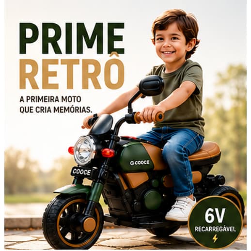 MOTO ELÉTRICA INFANTIL PRIME RETRÔ VERDE 6V LED MÚSICA RODINHAS LATERAIS ATÉ 30KG UNITOYS