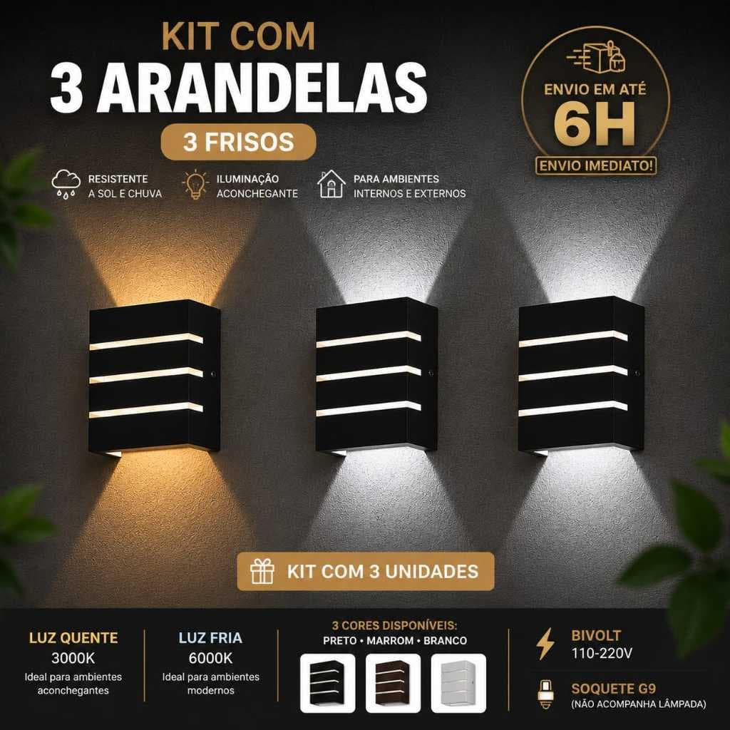 Kit 3 Arandela Luminária De Parede Slim 3 Focos 3 Frisos Uso Interno e Externo Acompanham Lâmpada Led 5w