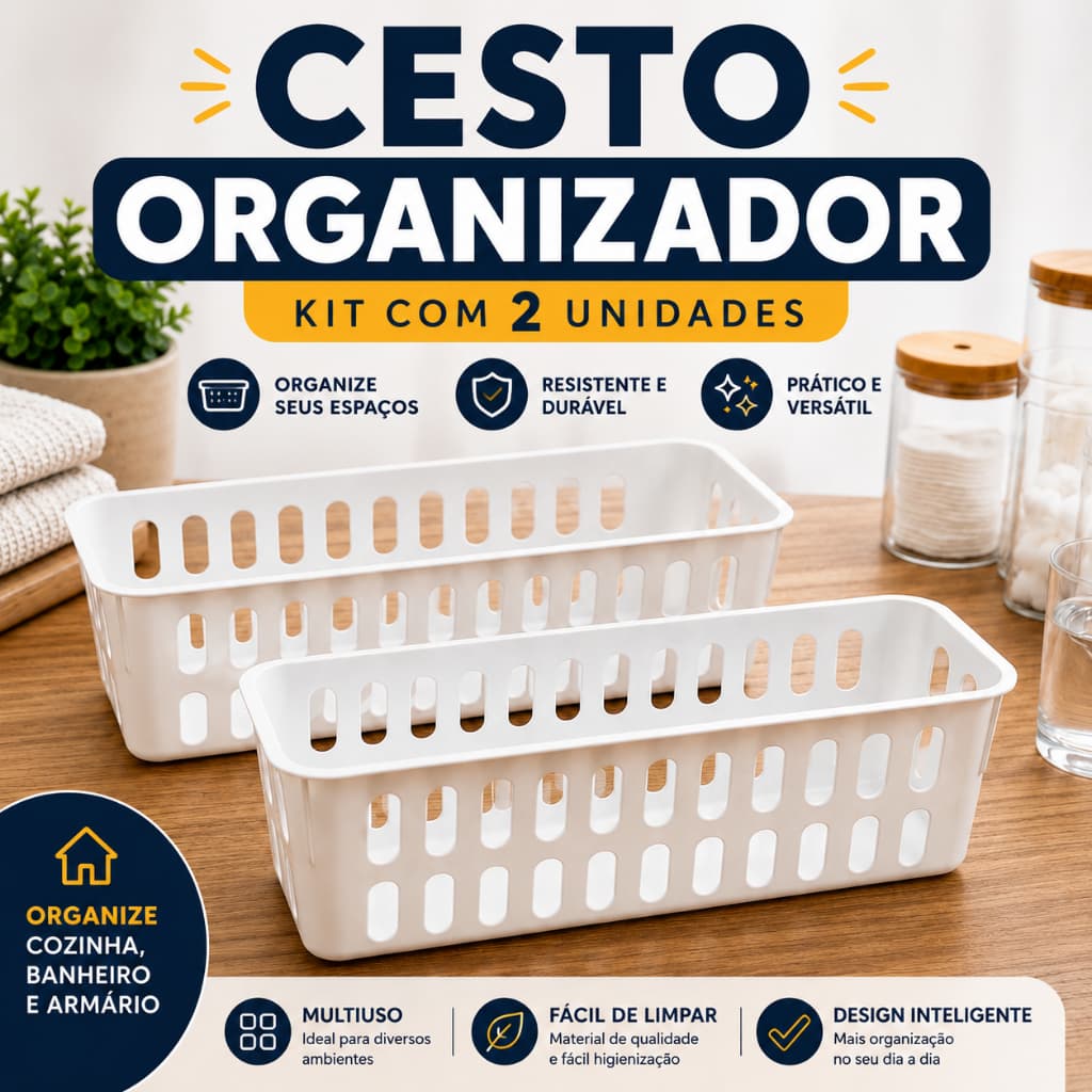 Kit Cestos Organizadores Multiuso Cozinha Banheiro Armário Escritório Plástico