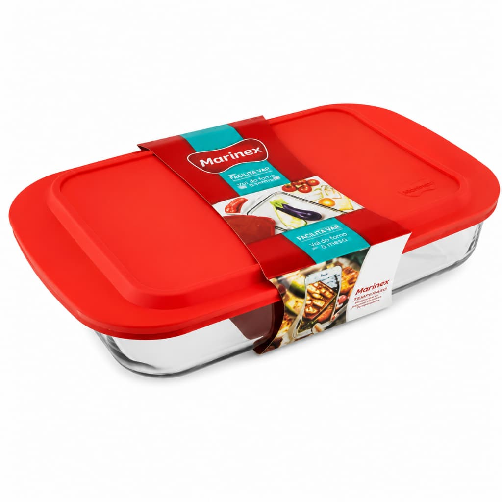 Forma Travessa Lasanheira De Vidro Marinex 5,3L Com Tampa Vermelha Refratario
