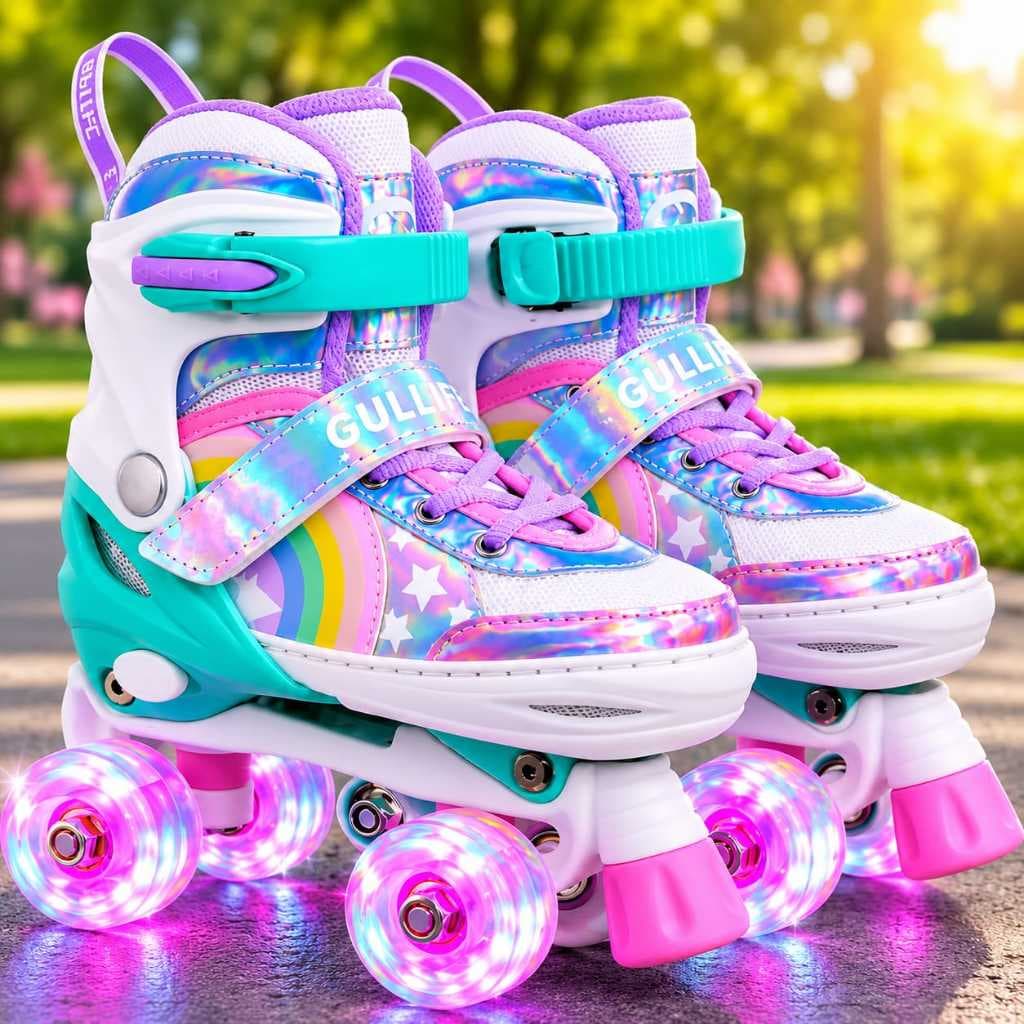 Patins 4 Rodas Arco Íris Rosa Tamanho Ajustável Led