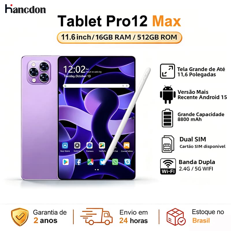 Hancdon Tablet Pro12 Max | 12GB+512GB | Android 15 | Tela FHD 11.6" | 8800mAh MTK6799 4G/5G LTE