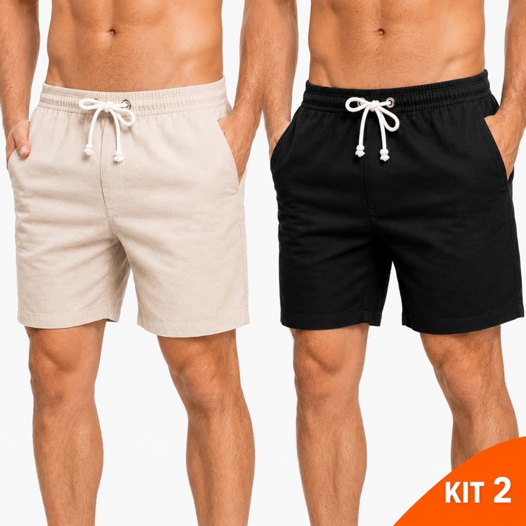 Kit 2 Shorts Linho Masculino Com Bolsos Laterais e Traseiro Cós Elástico Cordão Casual Premium