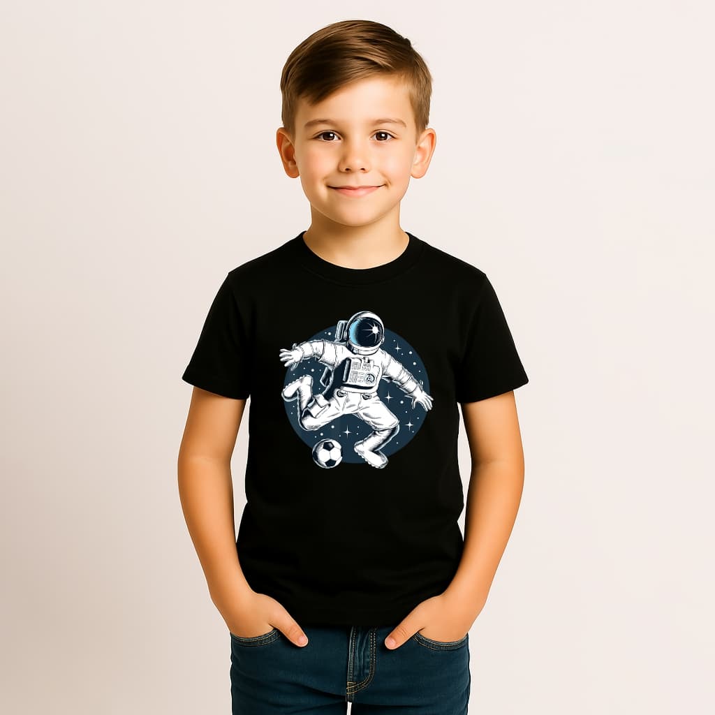 CAMISETA INFANTIL MENINO ALGODÃO ASTRONAUTA FUTEBOL ESPACO BOLA