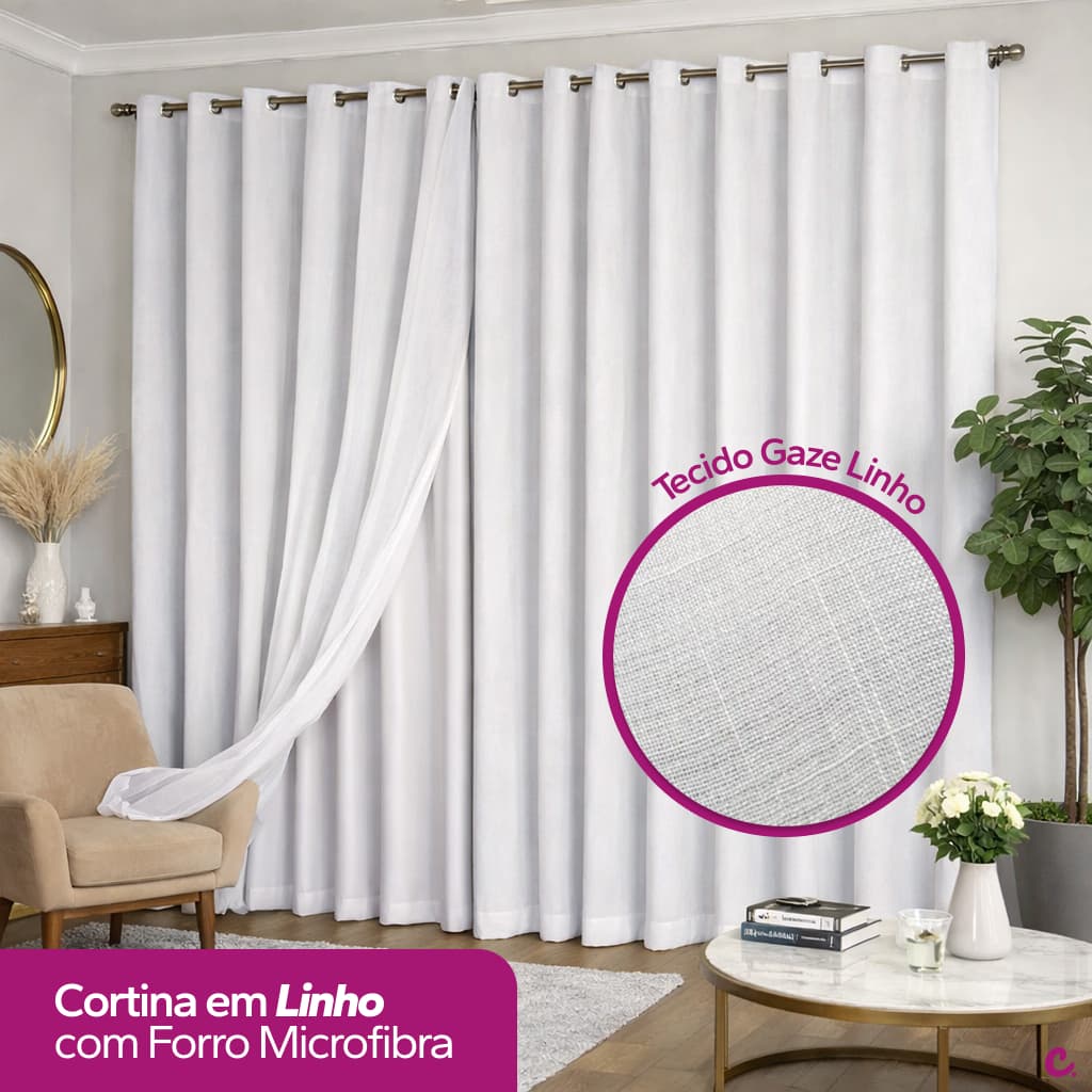 Cortina Voil Linho 6m (6,00) de Largura com Forro Microfibra Alto Padrão para VARÃO