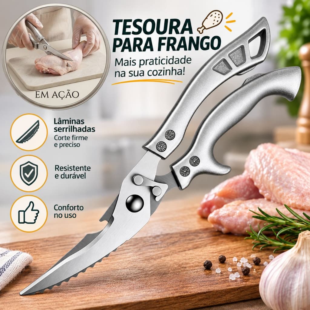 Tesoura de Cozinha Inox 420 – Lâmina Laminada, Anti-Ferrugem, para Frango, Carne e Legumes