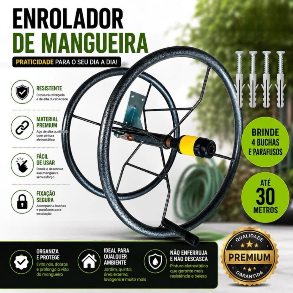 Suporte Mangueira Jardim Externo Organizador Giratório Enrolador Mangueira 30m + Buchas e Parafusos