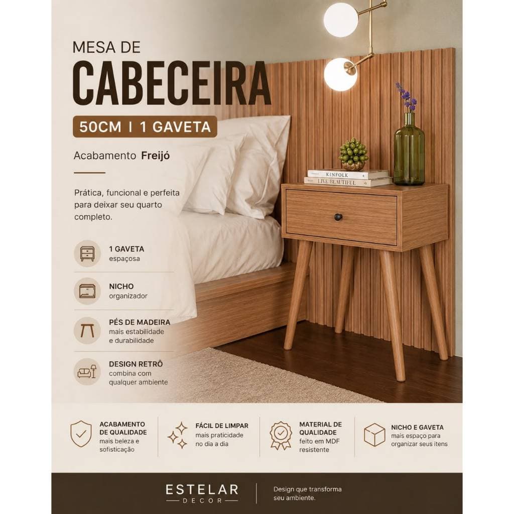 Mesa de Cabeceira 1 Gaveta 50cm MDF Pés de Madeira Design Retrô Compacta