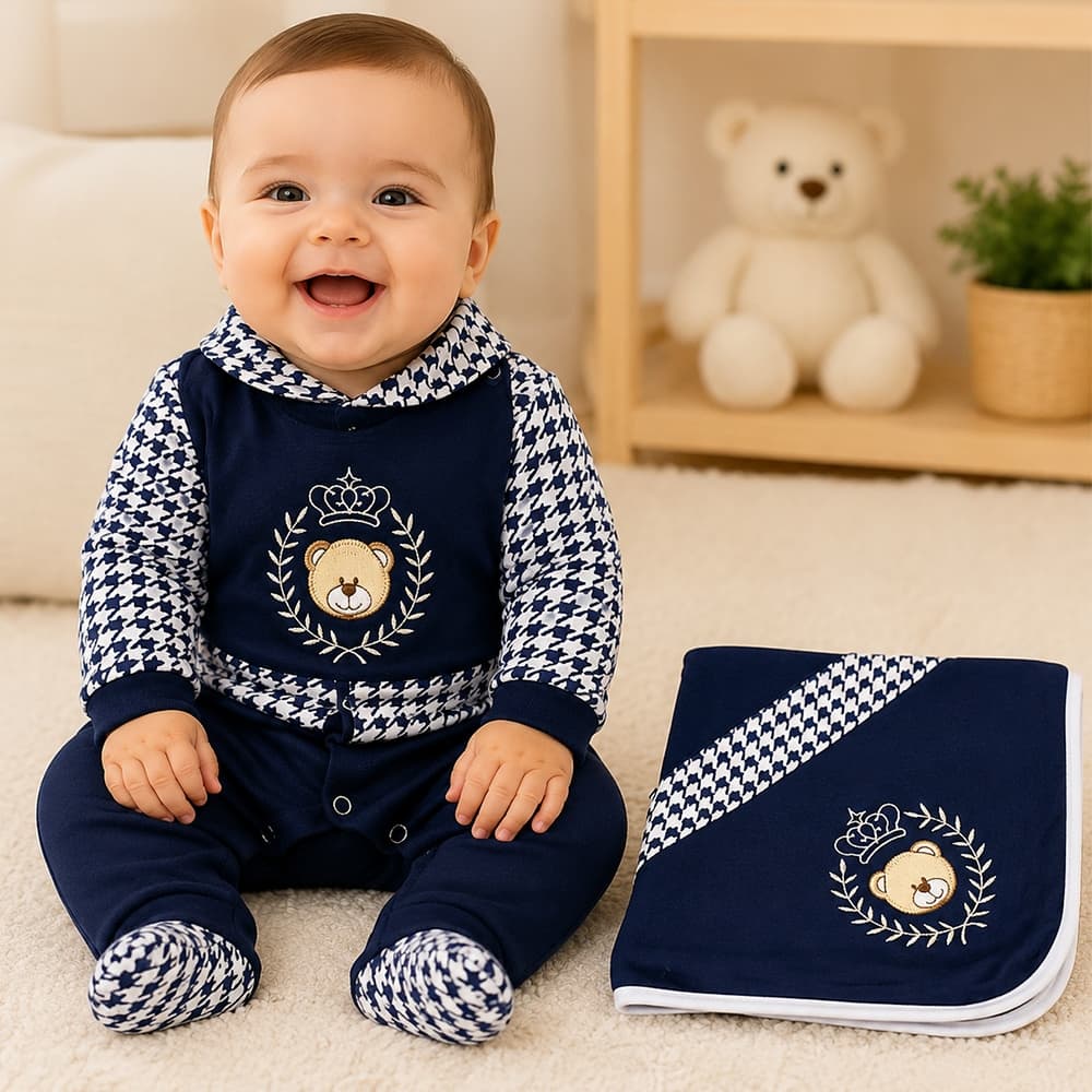 Saída de Maternidade Menino Urso Feliz Bordado Branco e Marinho 04 Peças