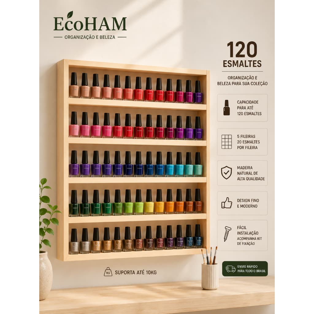 Expositor de Esmaltes de Parede EcoHAM para 120 Esmaltes em Madeira Maciça Organizador Profissional