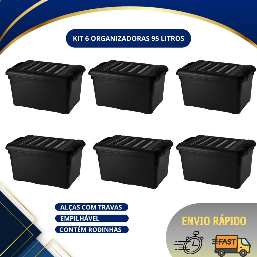 Kit 6 Caixas Organizadoras 95 Litros com Rodinhas e Travas Reforçadas Caixa Plástica Grande Multiuso Empilhável