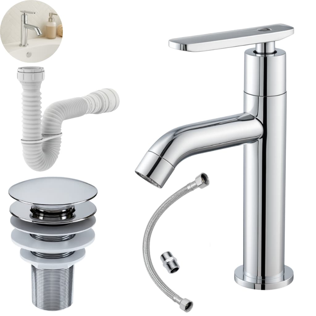 Kit Torneira Banheiro Bancada Bica Alta Cromada Válvula Ralo Click 7/8 Sifão Universal Engate 40cm