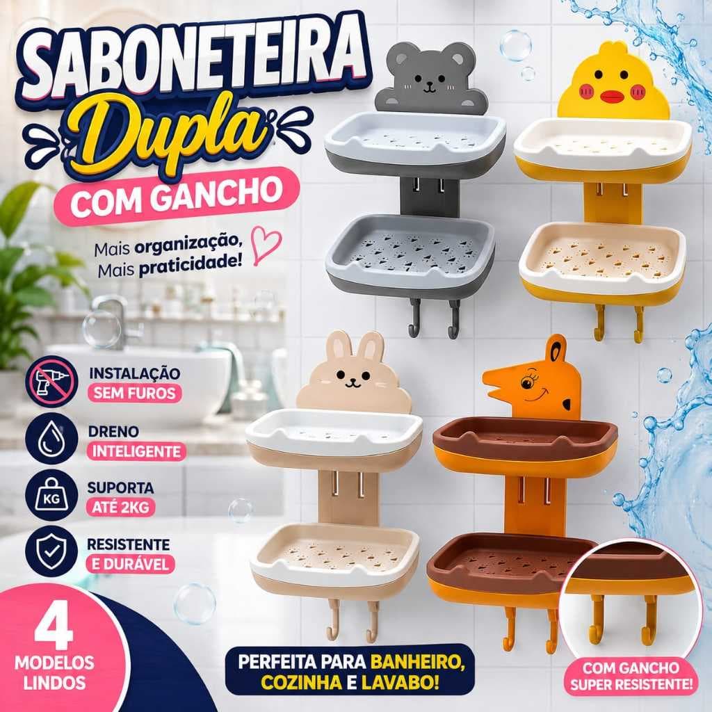 Saboneteira Dupla com Gancho de Plástico Para Parede Sem Furos Com Adesivos Saboneteira Dupla Infantil