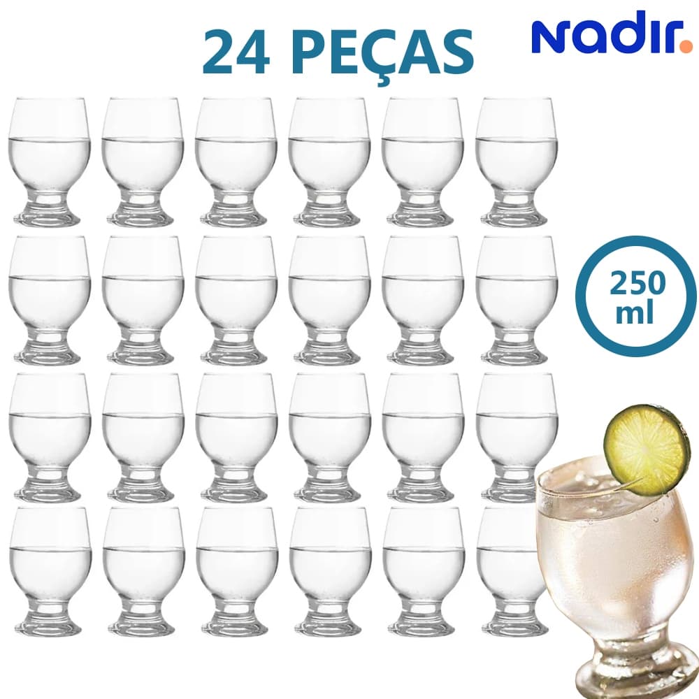 Kit Jogo 24 Taças Paulista Água 250ml Água Vinho Vidro Copo Refrigerante Bar Drink Restaurante - Nadir Figueiredo