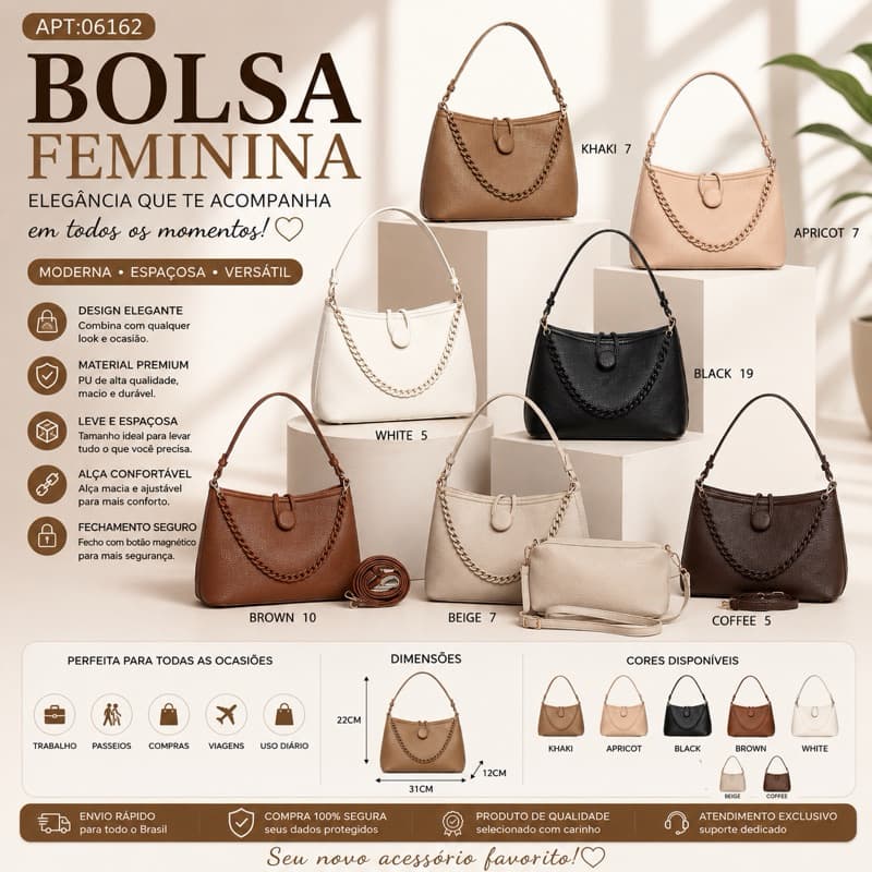 Bolsa Feminina Elegante Grande com Corrente | Bolsa de Ombro Casual Premium | Bolsa Tote Fashion para Trabalho 06162