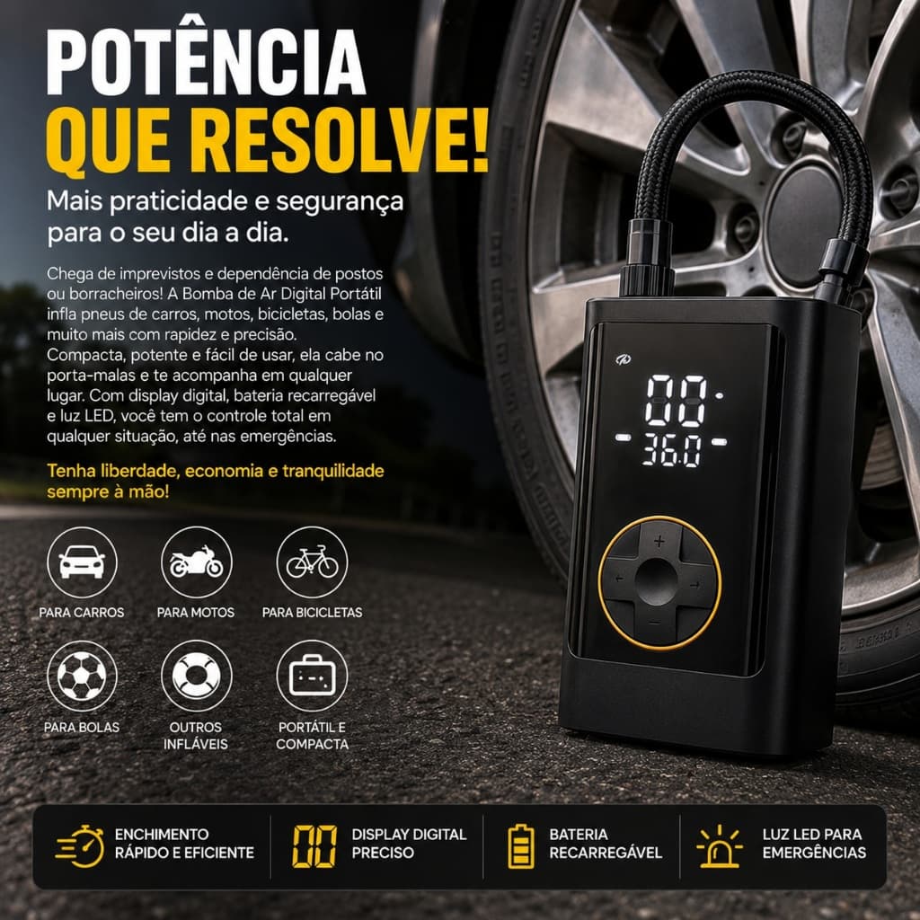 Bomba de Ar Digital Portátil Recarregável Compressor Pneu Carro Moto Bicicleta LED 80W