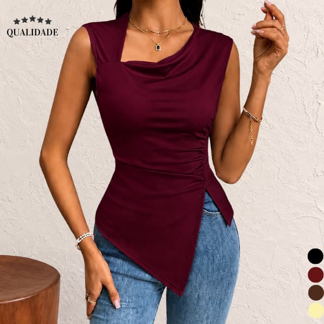 Blusa Regata Feminina Drapeada Decote Quadrado Assimétrica com ponta fenda lateral Blusinha Básica Elegante Tshirt