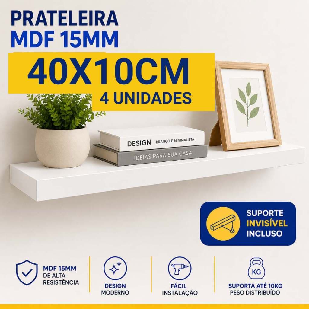 4 Prateleira Lisa Mdf 15mm Branco 40x10 Cm Suporte Invisível prateleiras parade