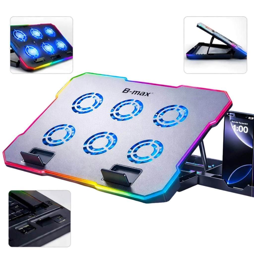 COOLER PARA NOTEBOOK COM 6 VENTOINHAS RGB BASE REFRIGERADORA AJUSTÁVEL SILENCIOSA COM CONTROLE DE VELOCIDADE E LED
