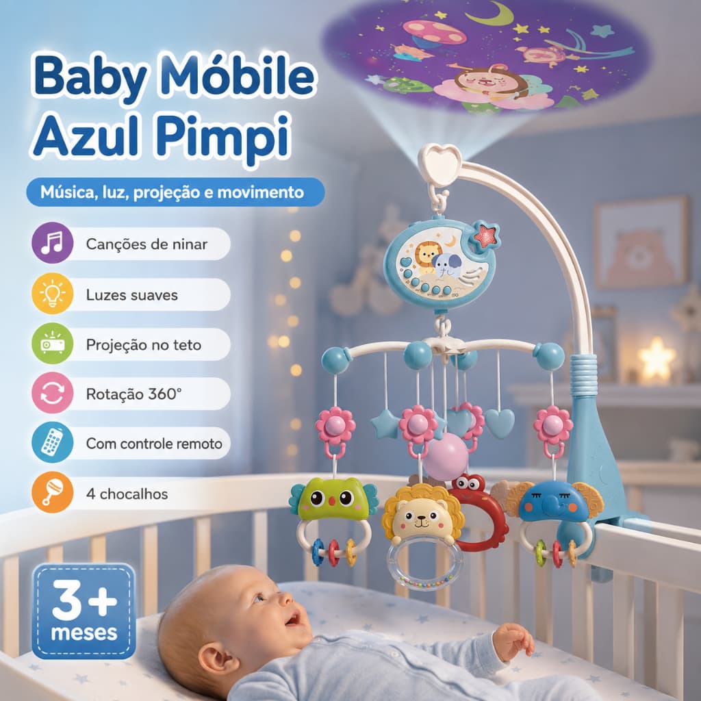 Mobile Musical para Berço Bebê com Projetor Luz Controle Remoto Rotação 360 Timer e Canções