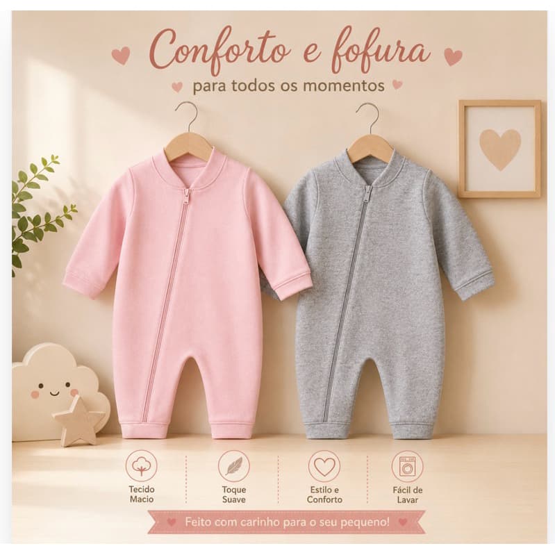 Kit 2 Macacão Bebê Suedine Menina 100 % Algodão Ziper Diagonal do RN ao GG