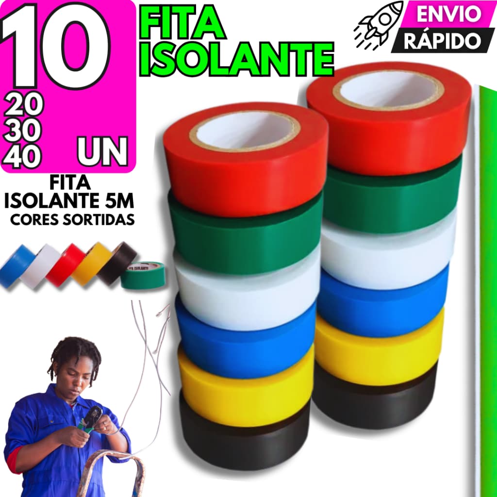 Fita Isolante Colorida Antichama Kit 40/30/20/10 Adesiva Fio Isolamento Construção Reparo Eletrica