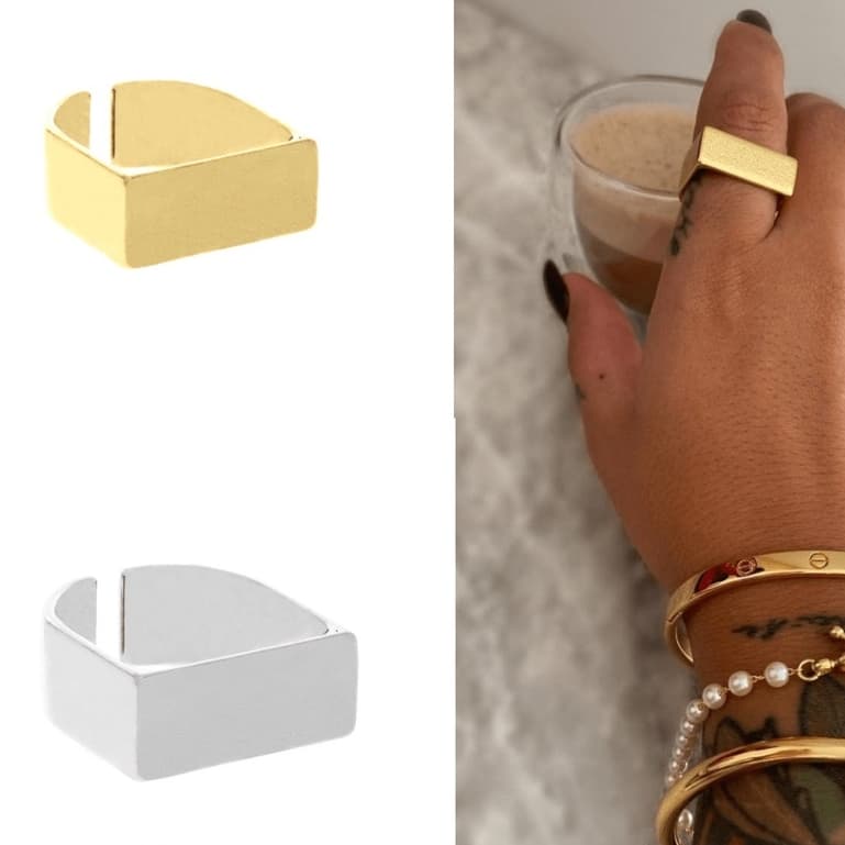 Joia luxo Anel Bloc quadrado Ajustável Dourado Prateado Masculino Feminino joias banhada aneis