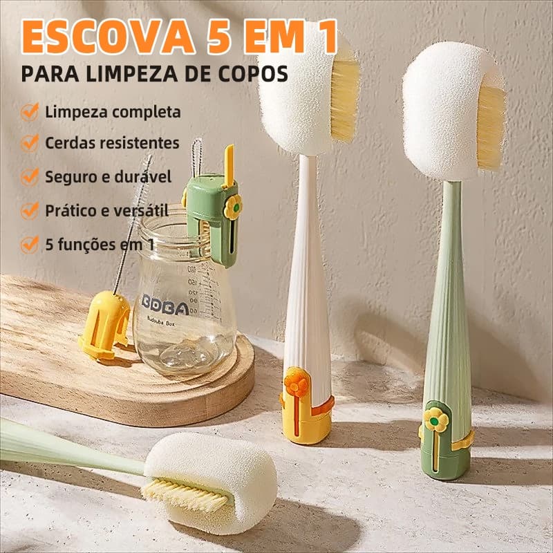 Escova de limpeza de garrafas 5 em 1, esponja para limpeza de copos, escova multifuncional para copos.